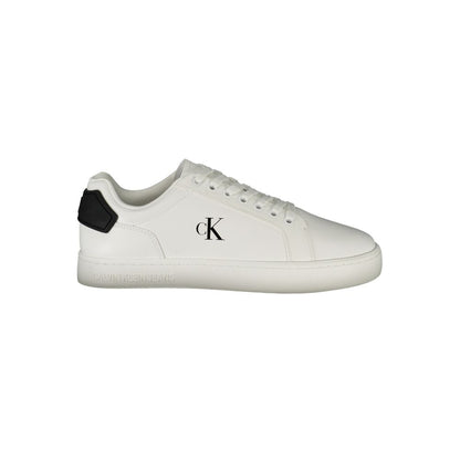 Calvin Klein White Leather Men Sneaker with black details, showcasing stylish design and comfort.