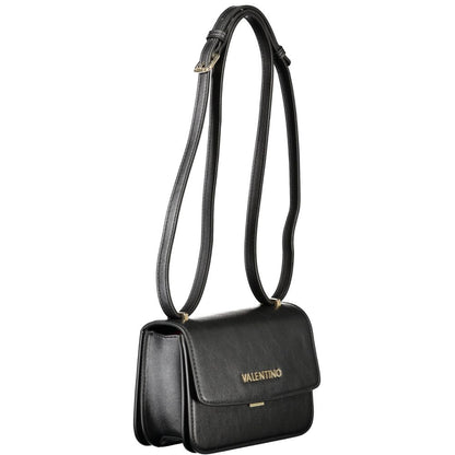 Mario Valentino Black Polyethylene Women Handbag with adjustable shoulder strap and gold lettering.