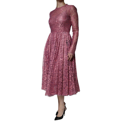 Dolce & Gabbana Pink Floral Lace Long Sleeve Midi Dress