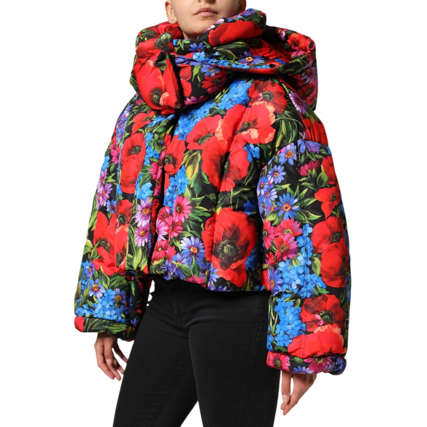 Dolce & Gabbana Multicolor Floral Hooded Puffer Coat Jacket