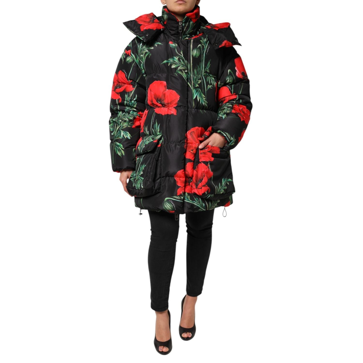Dolce & Gabbana Black Floral Polyester Hooded Quilted Jacket