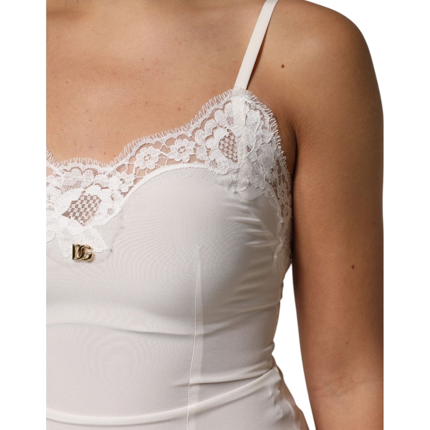 Dolce & Gabbana White Lace Gold DG Logo Silk Dress Sleepwear DR81793-40