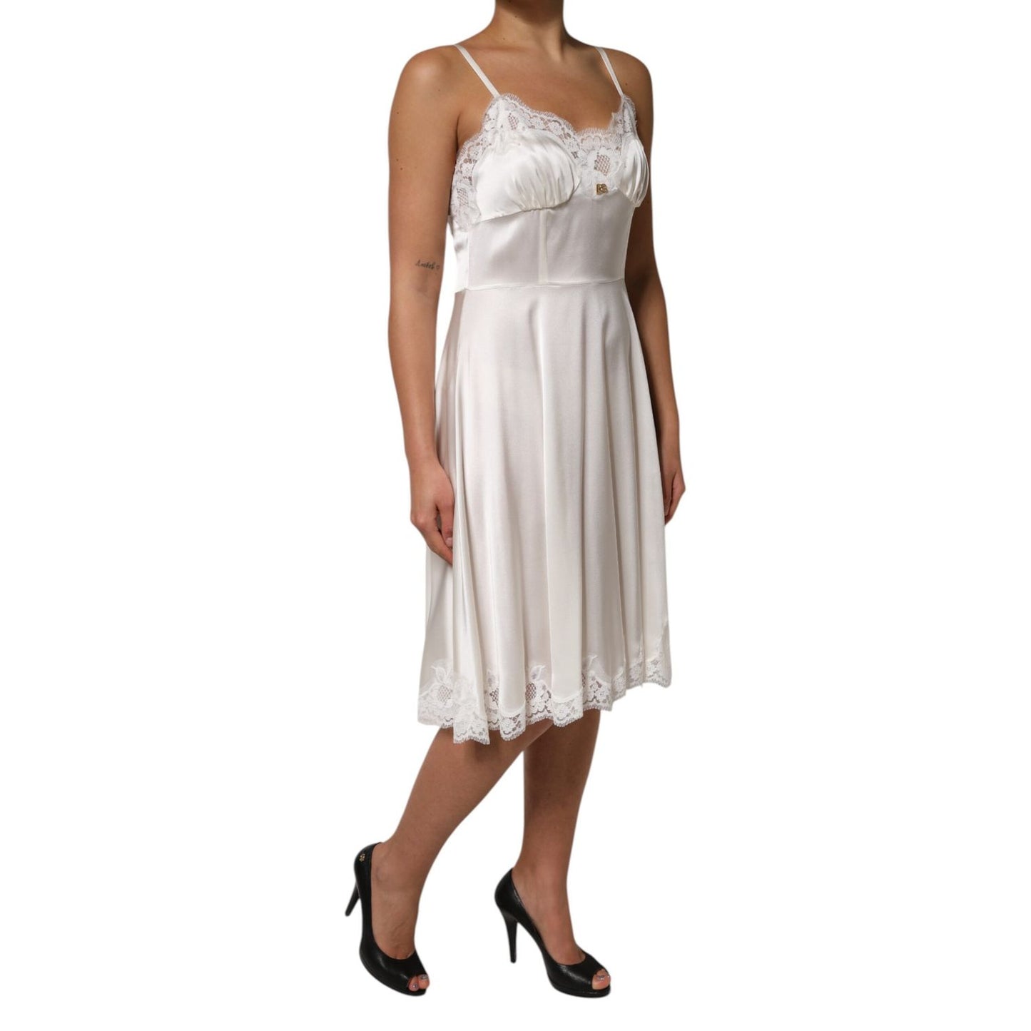 Dolce & Gabbana White Lace DG Logo Silk Dress Sleepwear