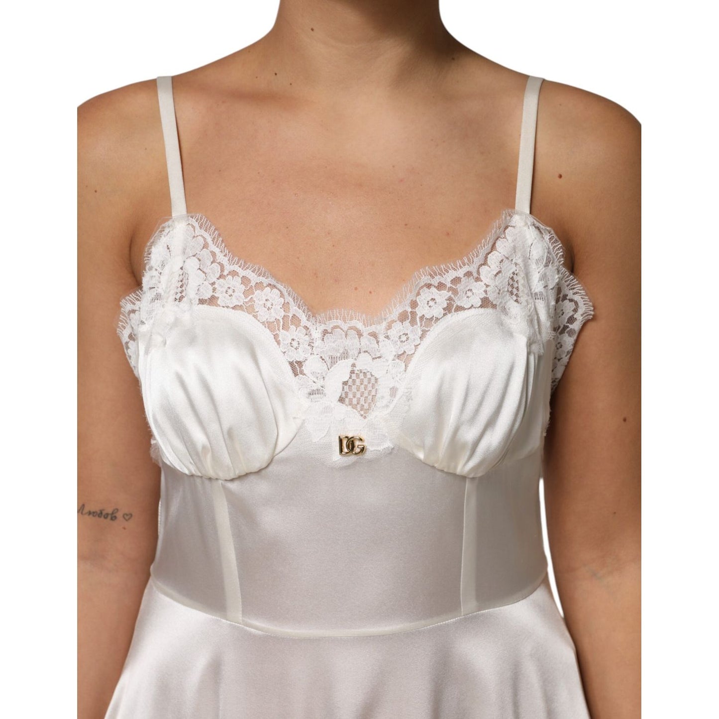 Dolce & Gabbana White Lace DG Logo Silk Dress Sleepwear