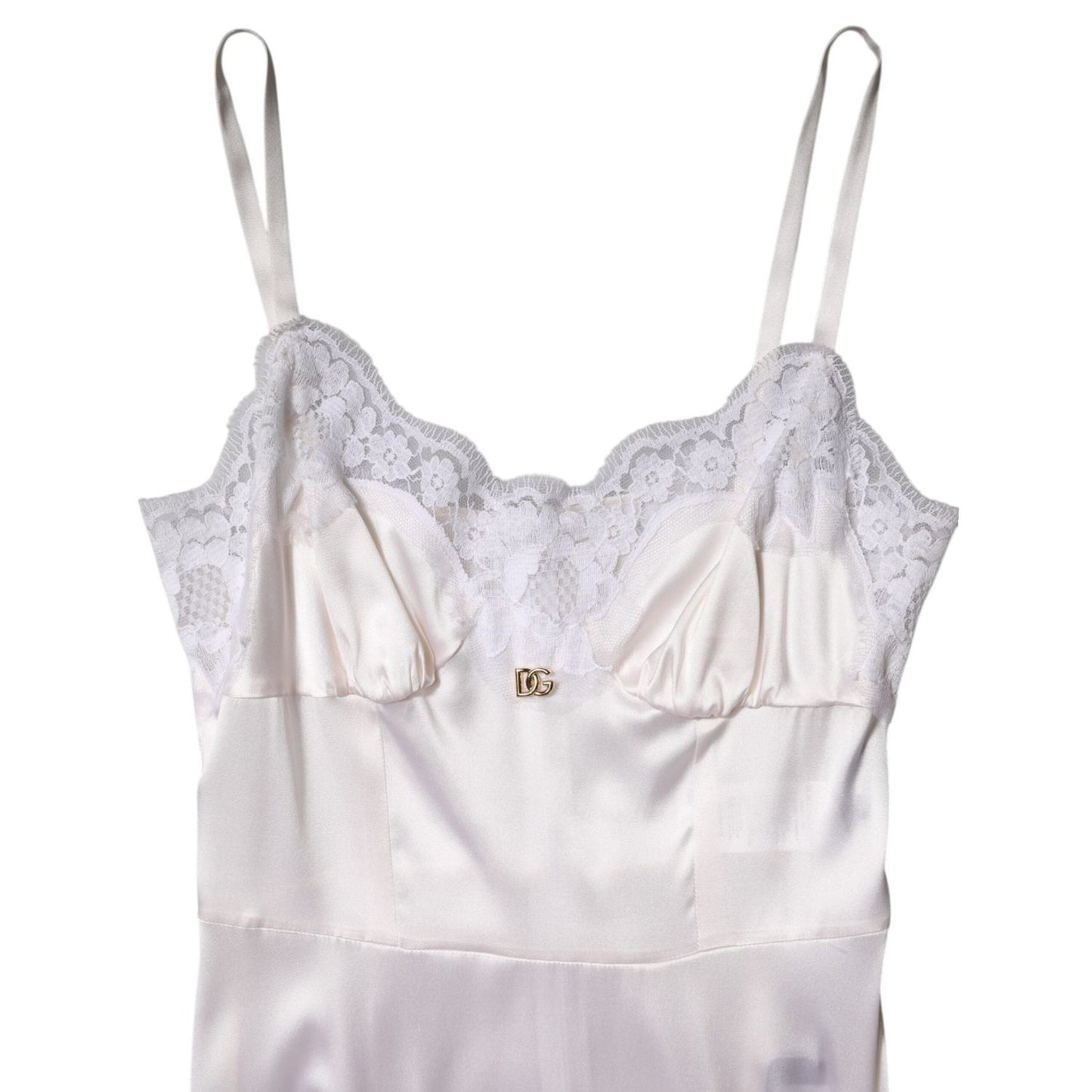 Dolce & Gabbana White Lace Gold DG Logo Silk Dress Sleepwear