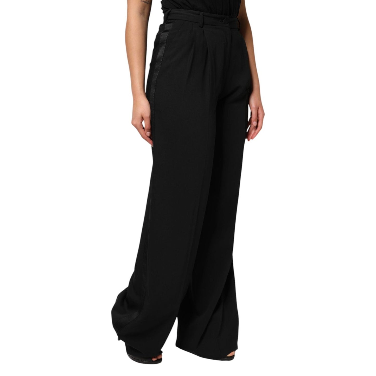 Dolce & Gabbana Black Wool High Waist Wide Leg Pants PAN76556-40