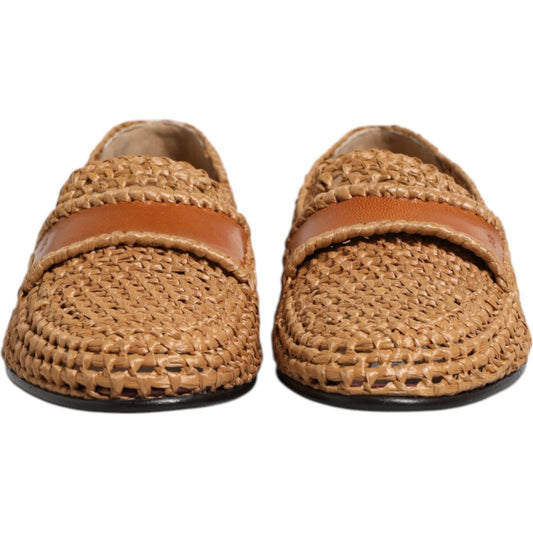 Dolce & Gabbana Brown Woven Raffia Slip On Loafers Shoes MV7617-40.5