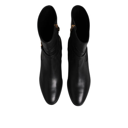 Dolce & Gabbana Black Leather Flats Logo Short Boots Shoes