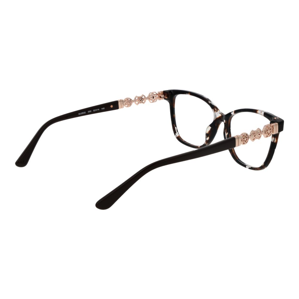 Guess Brown Women Glasses Frame in acetate, full-rim trapezium style with demo plastic lenses, 52-14-140 size, includes branded case.