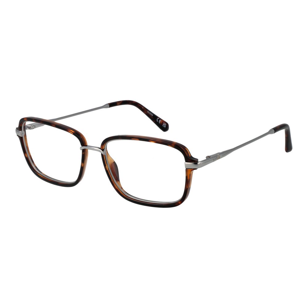 Guess Brown Men Glasses Frame in stainless steel with rectangular full-rim design, demo lenses, and branded case included.