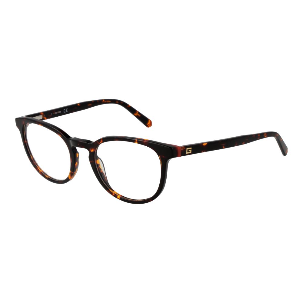 Guess Brown Men Glasses Frame, full-rim acetate with round style, demo lenses, and spring hinge, frame width 135mm.