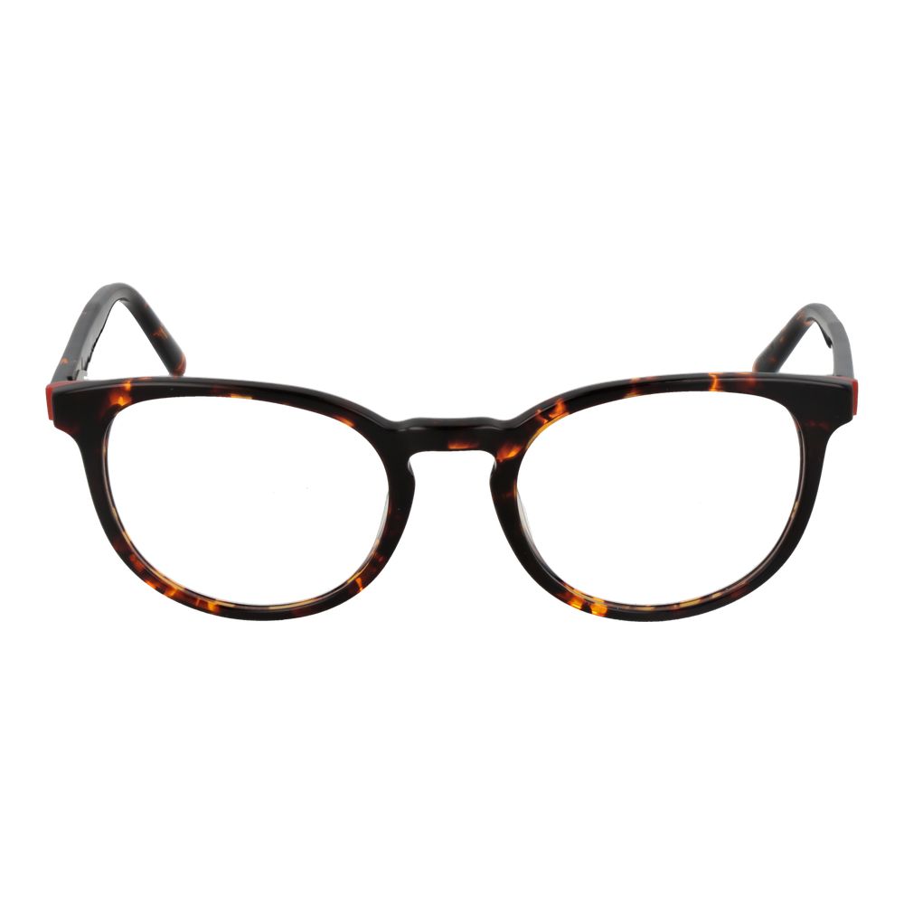 Guess Brown Men Glasses Frame, full-rim acetate with demo lenses, round style, dimensions 49-20-145, includes branded case