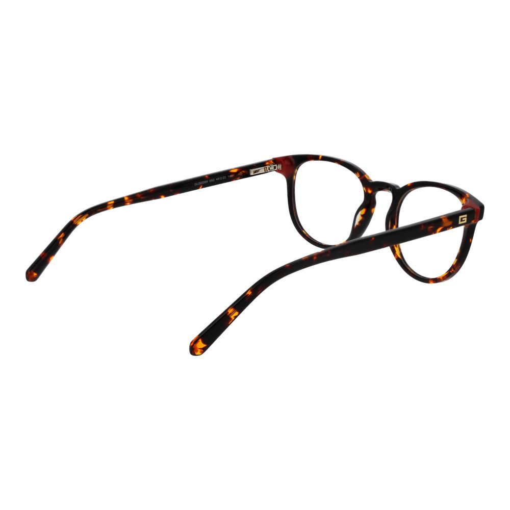 Guess Brown Men Glasses Frame in brown acetate with round full-rim design. Includes spring hinges and branded case. Size 49-20-145.