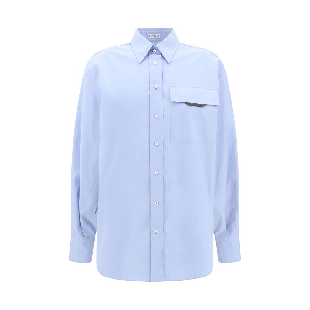 Brunello Cucinelli Light Blue Cotton Dress Shirt with classic collar, buttons, and embellished pocket, AW25 season, regular fit.
