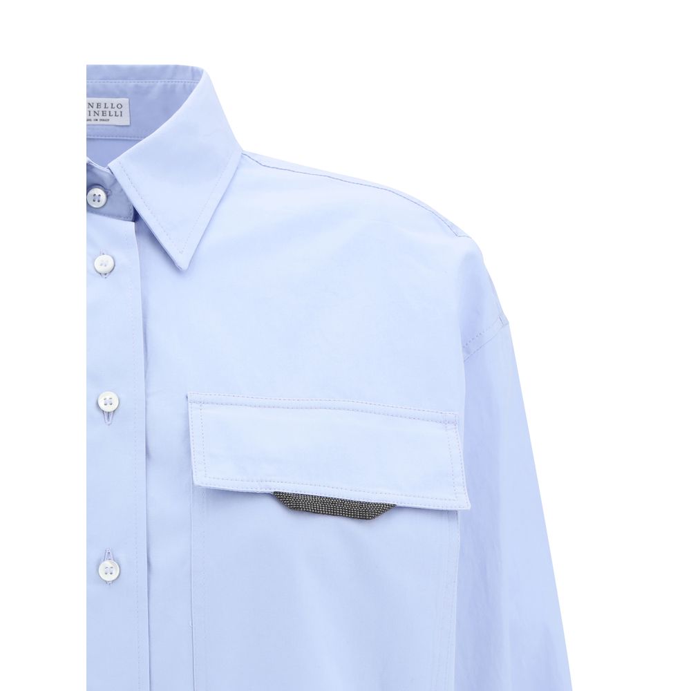 Brunello Cucinelli Light Blue Cotton Dress Shirt with classic collar and jewel-embellished pocket detail, front button closure.