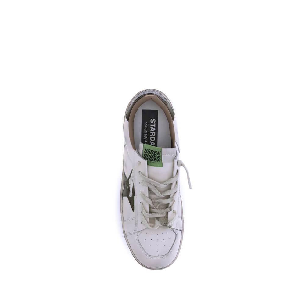 Golden Goose White Calf Leather Bos Taurus Low Top Sneakers showcasing vintage design with star patch and logo details.