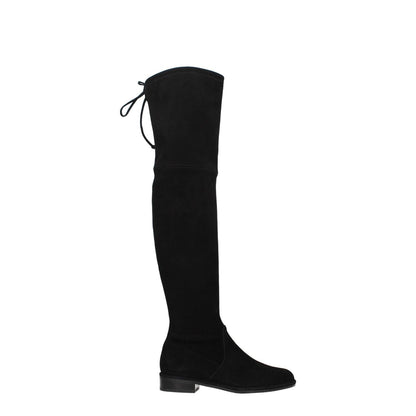 Stuart Weitzman Black Leather Over The Knee boots with suede material and round toe, featuring self-tie closures and a low flat heel.