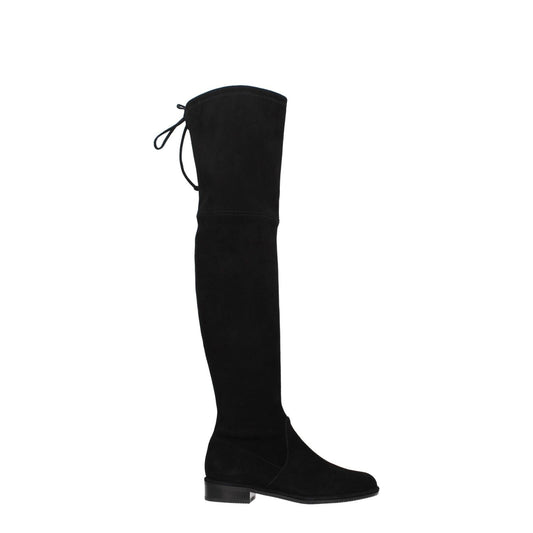 Stuart Weitzman Black Leather Over The Knee boots with suede material and round toe, featuring self-tie closures and a low flat heel.