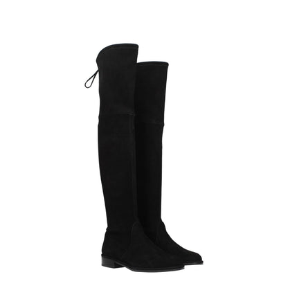 Stuart Weitzman Black Leather Over The Knee boots, black suede, self-tie closure, rubber sole, casual style.