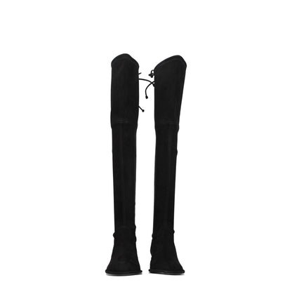 Stuart Weitzman Black Leather Over The Knee boots, casual style with self tie closures, suede material, rubber sole, round toe, low flat heel.