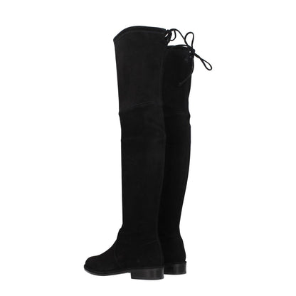 Stuart Weitzman Black Leather Over The Knee boots in suede with round toe and low flat heel, featuring self-tie closure.