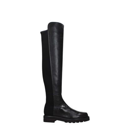 Stuart Weitzman Black Leather Over The Knee boots, featuring aged effect, round toe, mid heels, and rubber sole.