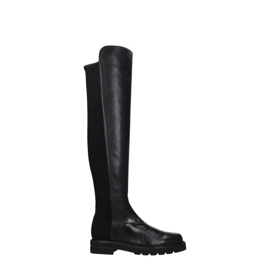 Stuart Weitzman Black Leather Over The Knee boots, featuring aged effect, round toe, mid heels, and rubber sole.
