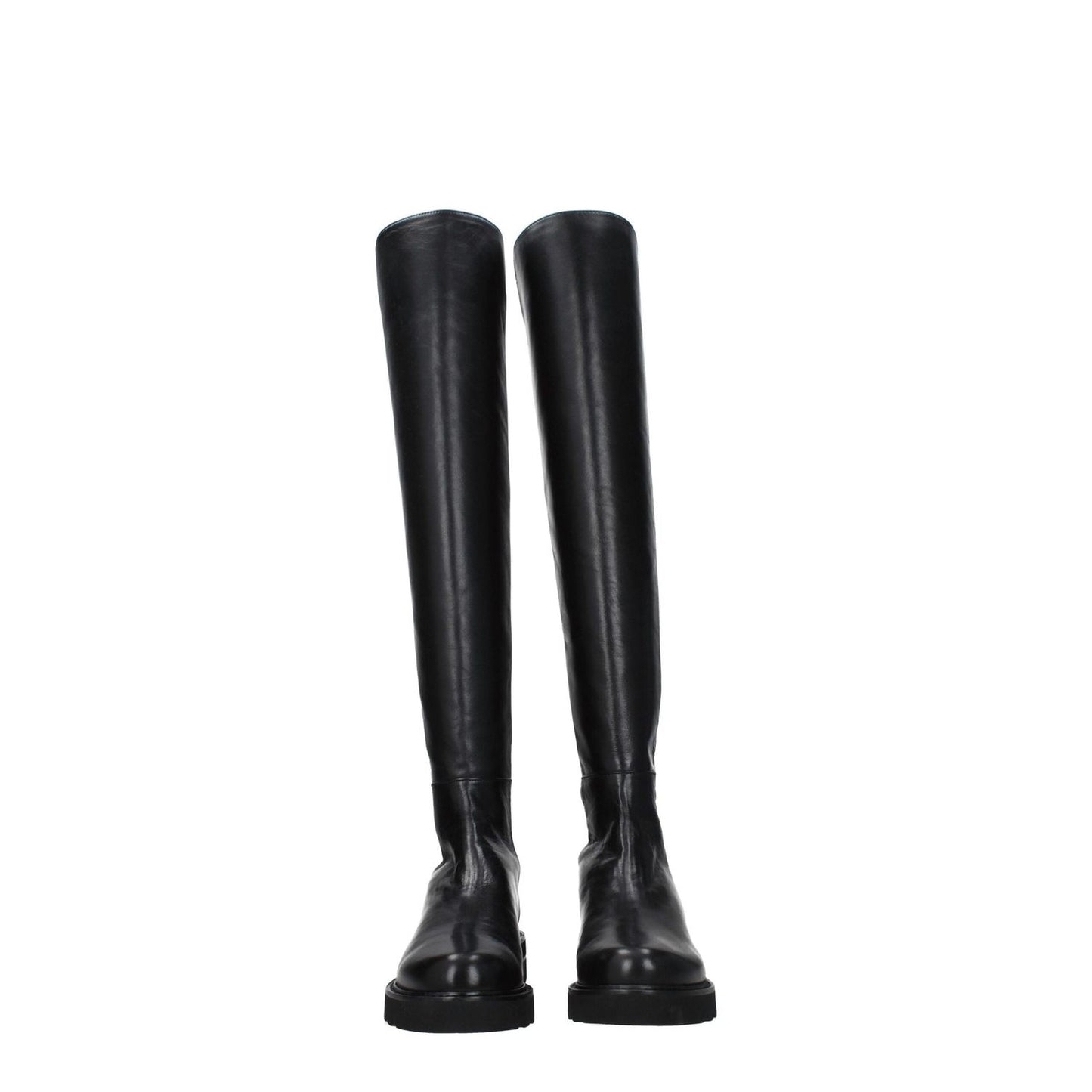 Stuart Weitzman Black Leather Over The Knee boots with aged effect, mid heels, and round toe, featuring a rubber sole and 3.5 cm heel height.
