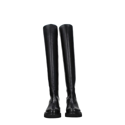 Stuart Weitzman Black Leather Over The Knee boots with aged effect, mid heels, and round toe, featuring a rubber sole and 3.5 cm heel height.