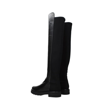 Stuart Weitzman Black Leather Over The Knee boots with round toe and mid heels, featuring aged effect and rubber sole.