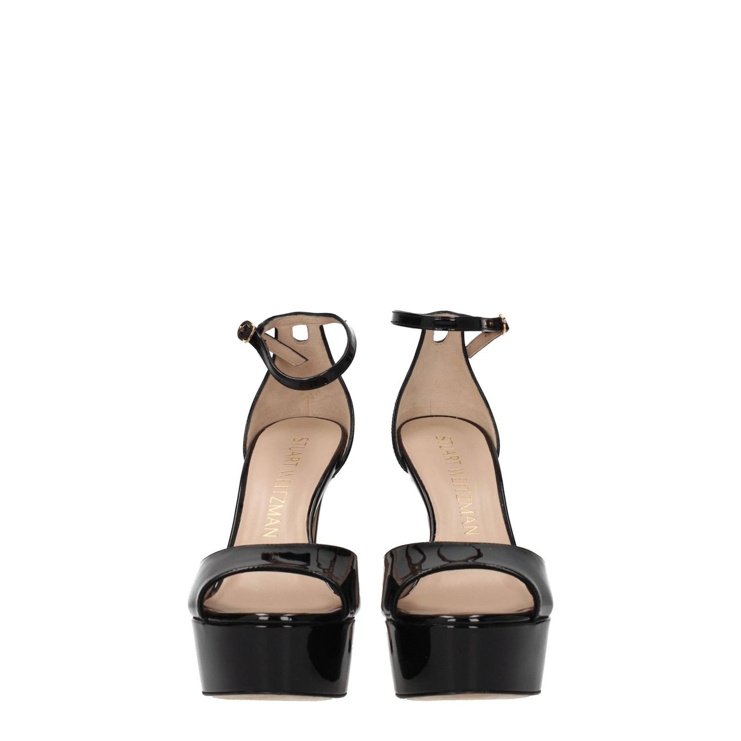 Stuart Weitzman Black Leather Platform Sandals with gold buckle and high heel, patent leather, open toe design, and 14 cm heel.