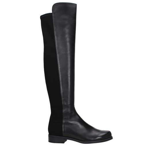 Stuart Weitzman Black Leather Over The Knee boots, vintage effect, casual style, rubber sole, round toe, low flat heel.