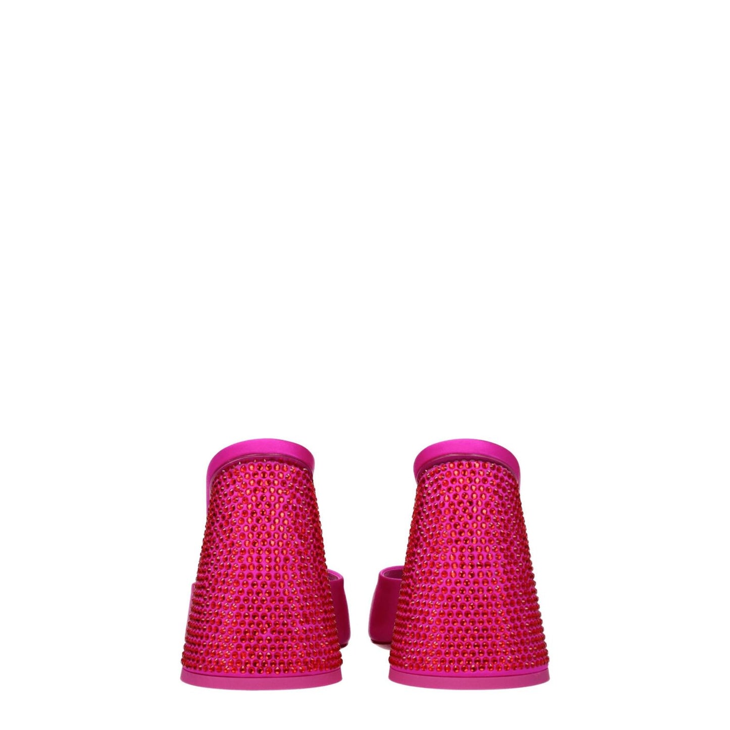 The Attico Pink Satin Platform Sandals with rhinestone embellishments and high heels, back view showcasing elegant design and vibrant fuchsia color.