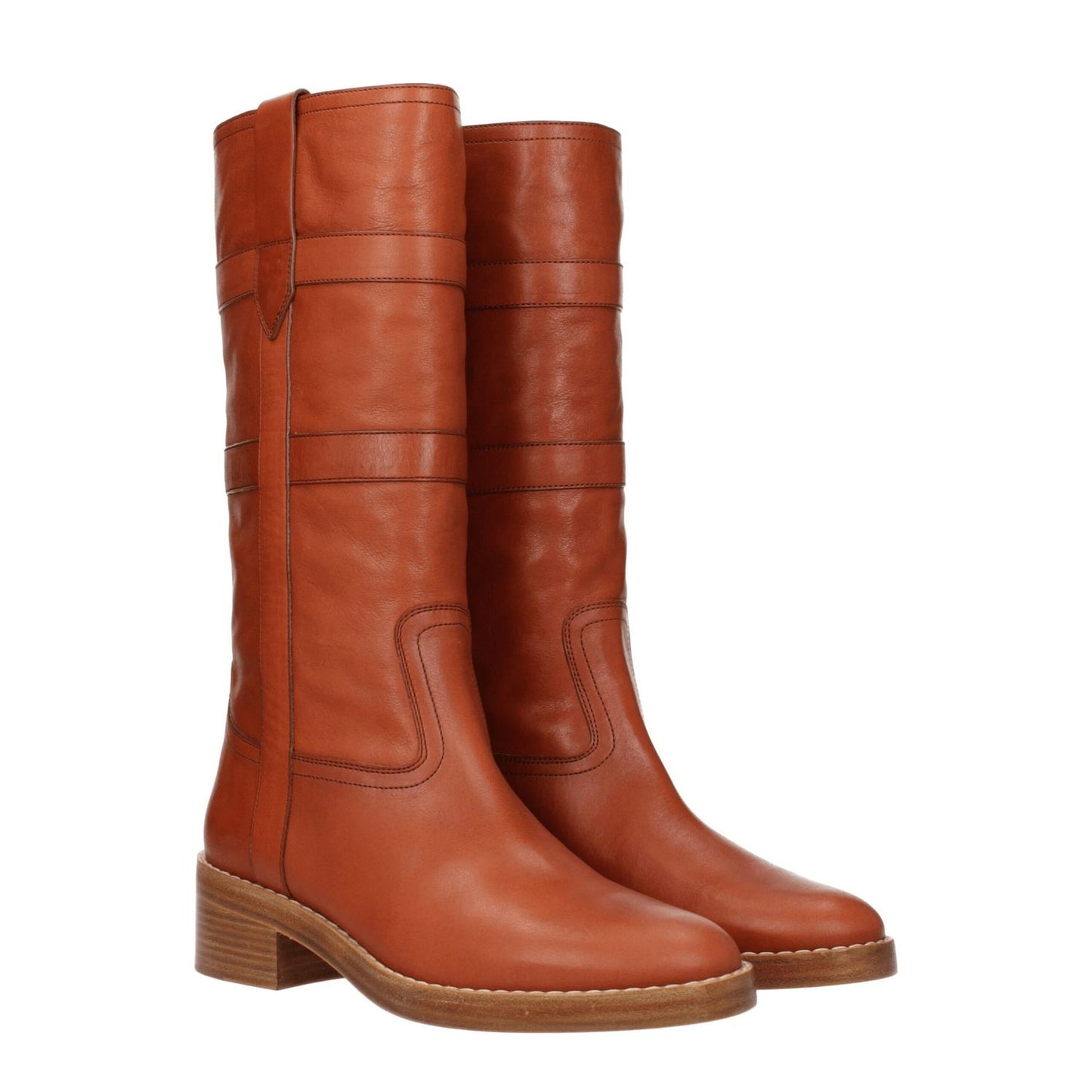 Celine Brown Leather Boots featuring vintage effect with side logo, round toe, mid heels, and leather sole in cognac brown.