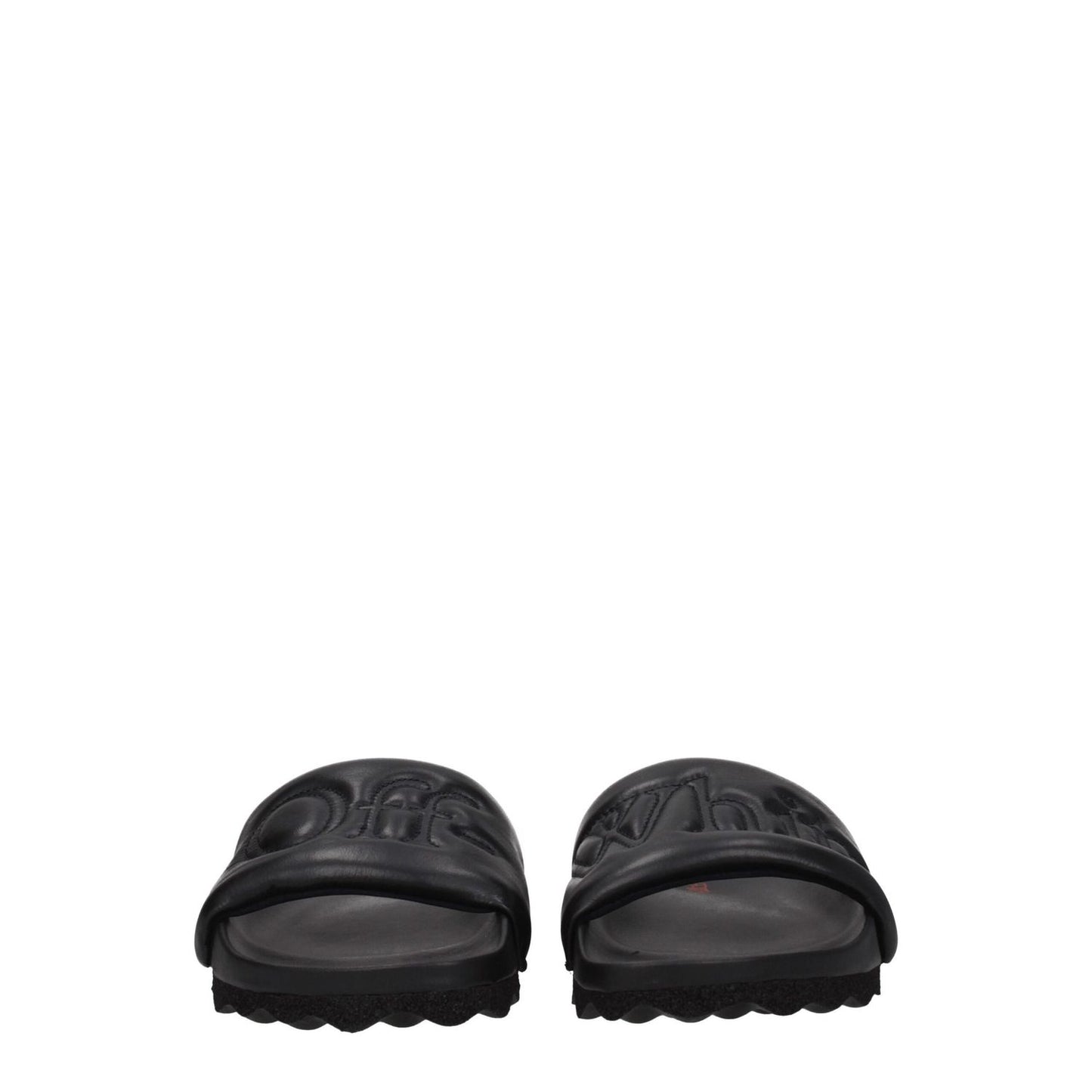 Off-White Black Leather Slippers featuring front logo, casual style, round toe, rubber sole, and low heel, MPN OMIT001LEA0011010.