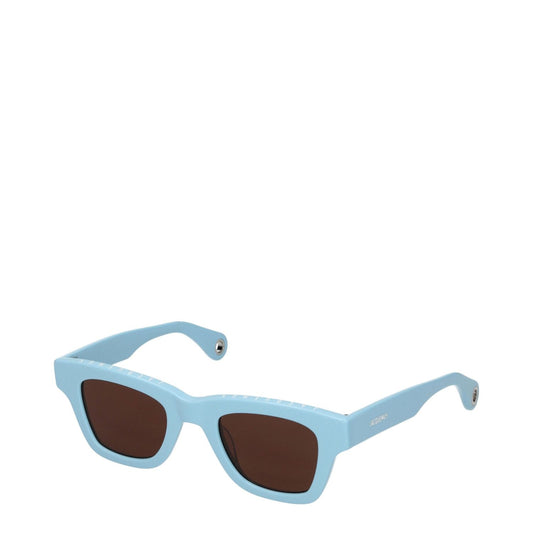 Jacquemus Light Blue Acetate Sunglasses with dark lenses and aviator style, featuring logo detail and protective case included.