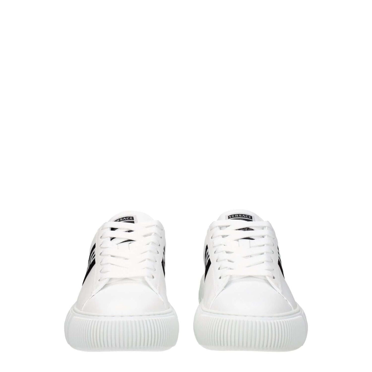 Front view of Versace White Leather Low Top Sneakers with black accents and round toe, featuring lace-up closure and rubber sole.
