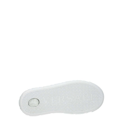 Versace White Leather Low Top Sneakers with rubber sole, showcasing front logo and casual lace-up design.