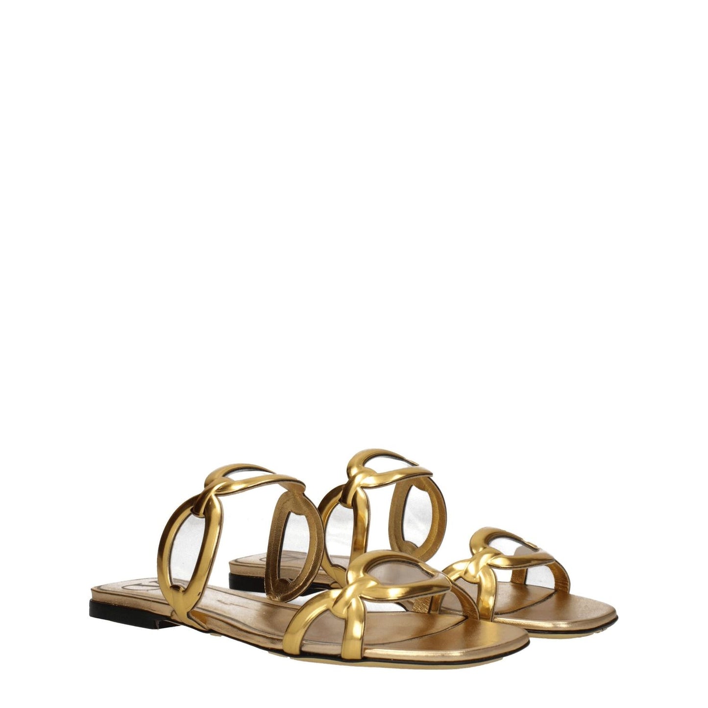 Valentino Garavani Gold Leather Slippers with open toe design and low flat heel.