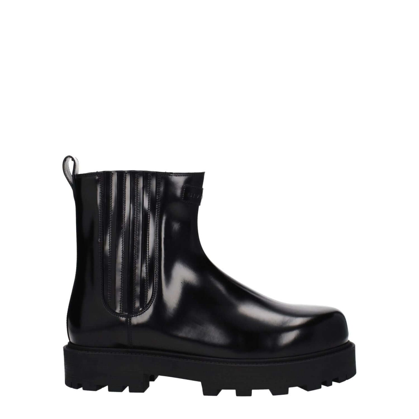 Givenchy Black Leather Ankle Boots with front and back logo, rubber sole, and 4 cm mid heel, featuring a round toe design for casual style.