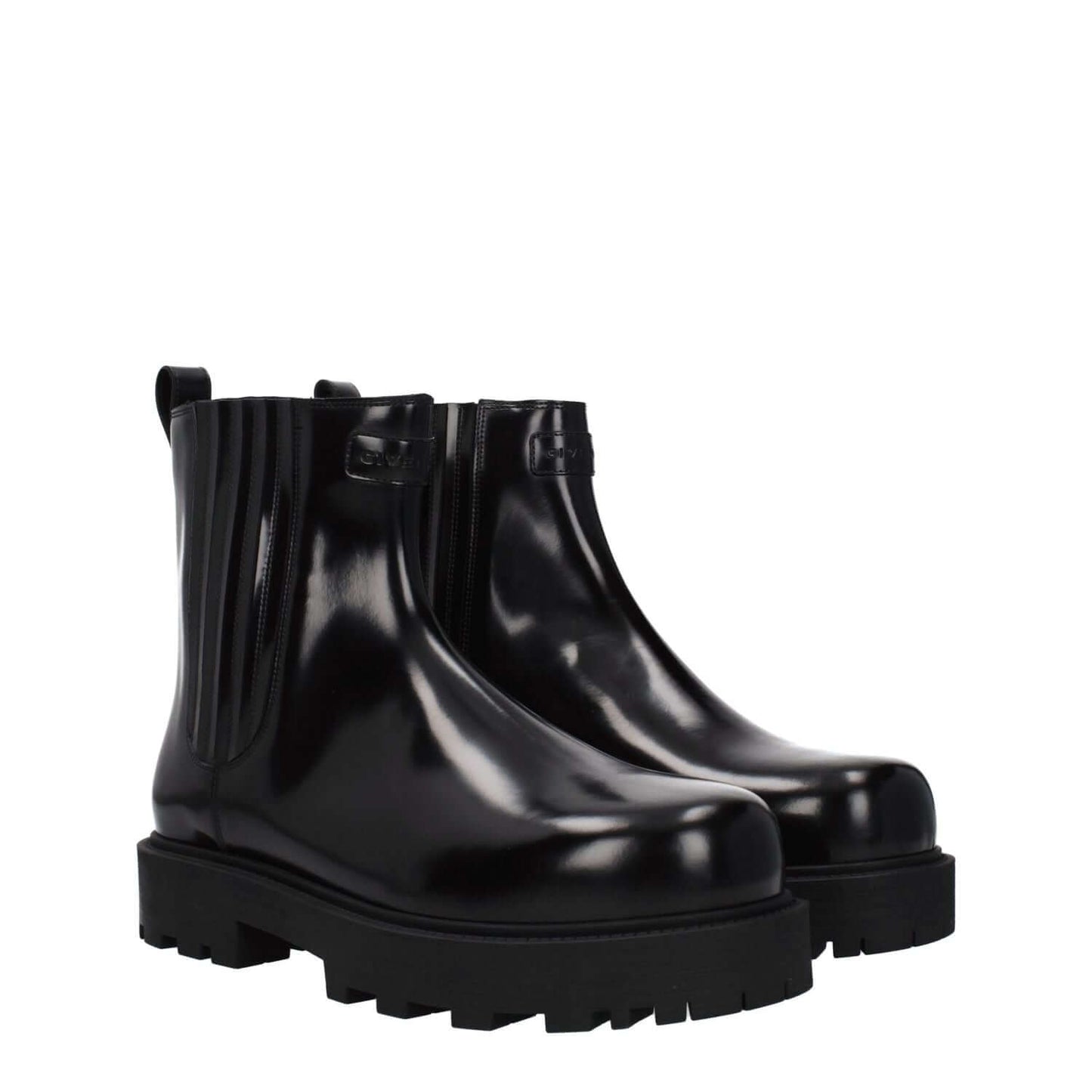 Givenchy Black Leather Ankle Boots with front and back logos, round toe, mid heels, rubber sole. Casual style, MPN: BH7016H1LQ001.
