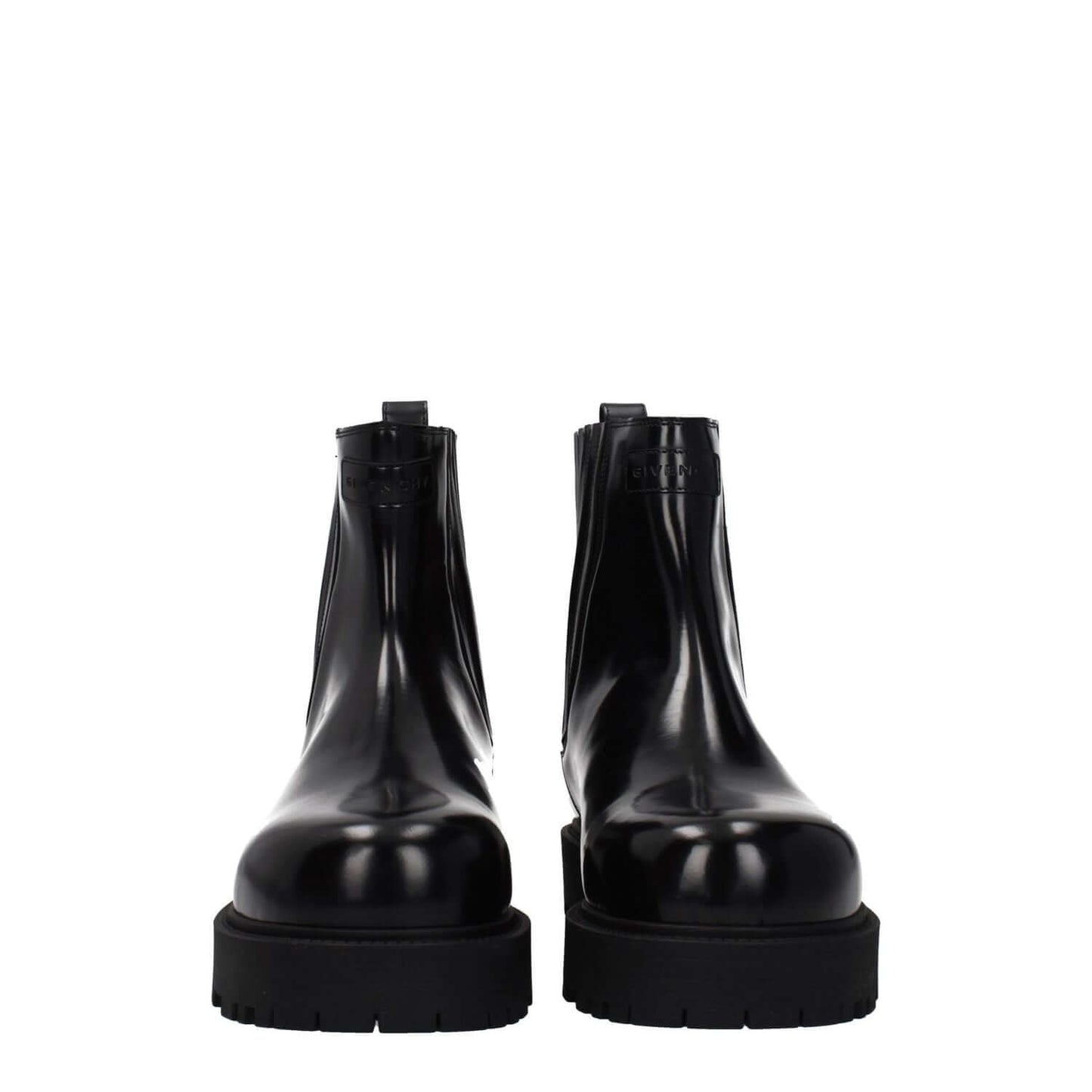 Givenchy Black Leather Ankle Boots with logos, round toe, rubber sole, and mid heels.