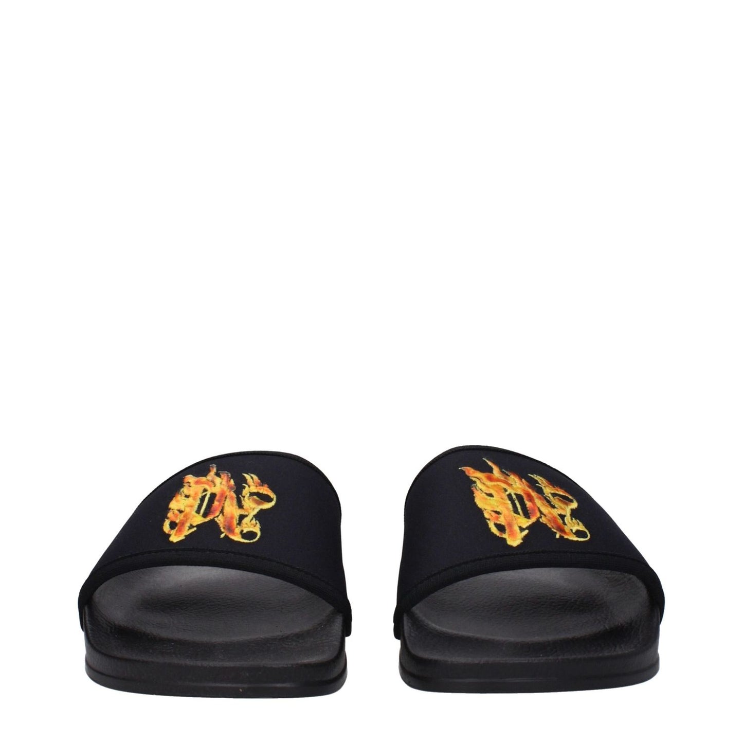 Palm Angels Black Fabric Slippers with front logo design and rubber sole, featuring open toe and low flat heel.