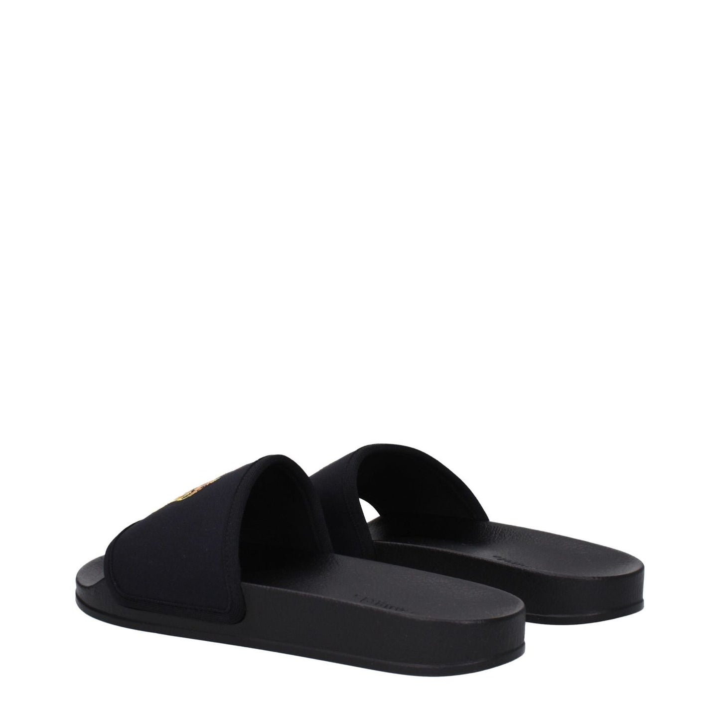 Palm Angels Black Fabric Slippers with open toe and rubber sole, featuring front logo design. MPN: PMIC010MAT0021020.