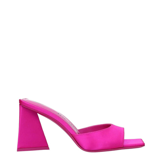 The Attico Pink Satin Stiletto Heel Sandals with open toe and mid heels, featuring leather sole, 8.5 cm heel height.