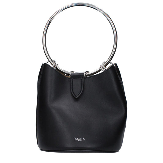 Alaïa Black Leather Handbag with removable clutch, magnetic closure, and front logo, designed in medium size for casual style.