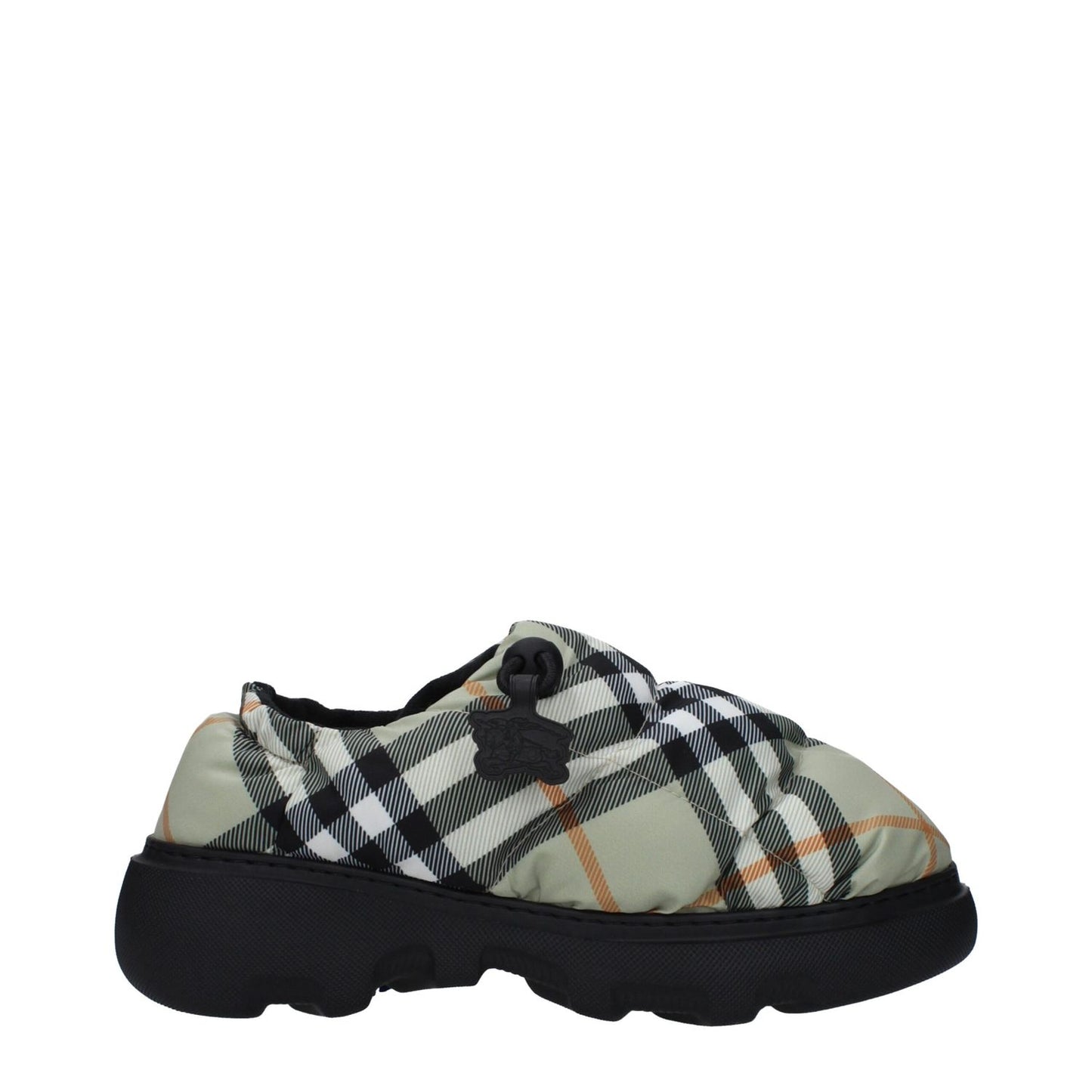 Burberry Green Fabric Slip-On Loafers with check print, rubber sole, and mid heels. Style: Casual with a drawstring closure. MPN: 8094483.