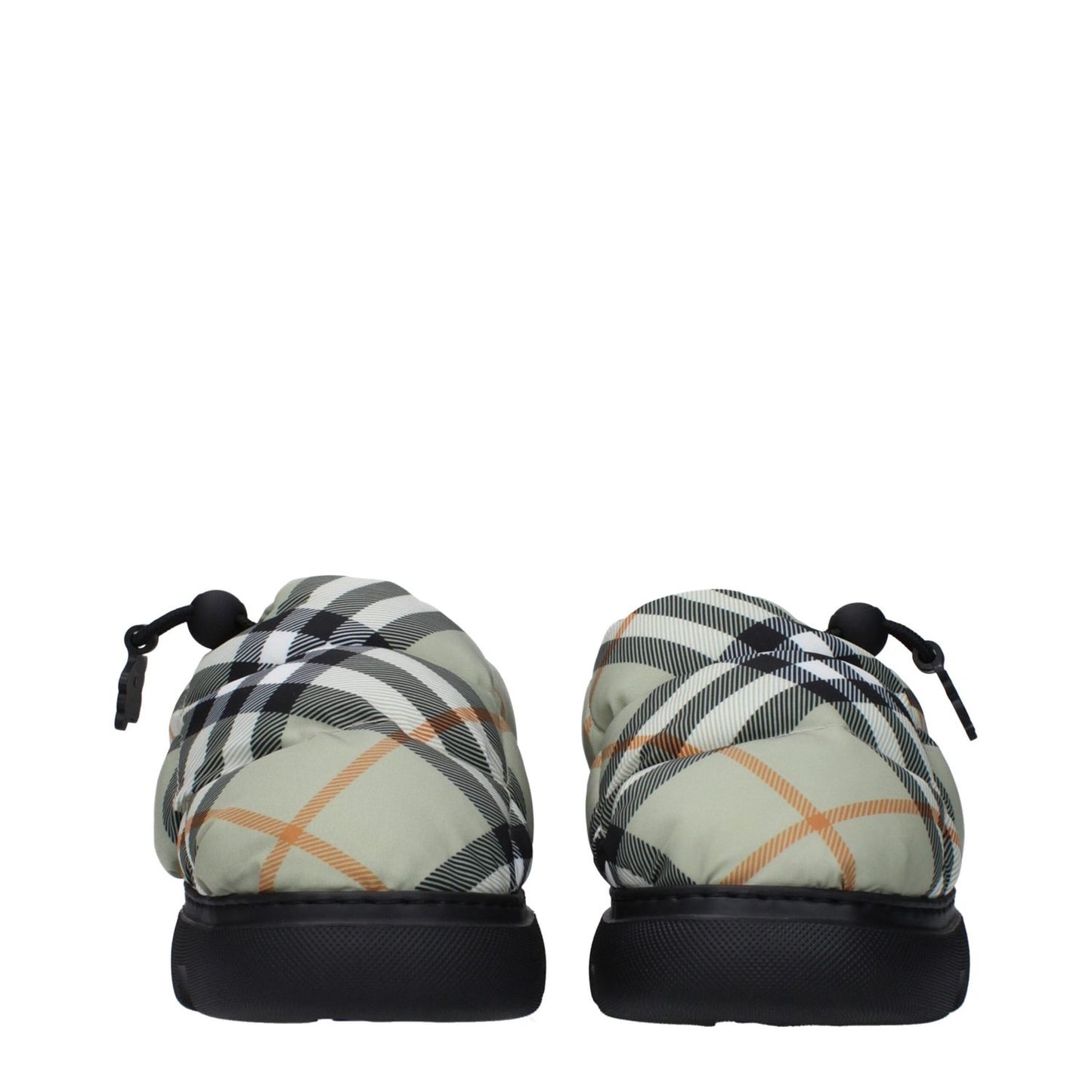 Burberry Green Fabric Slip-On Loafers with check print, rubber sole, and drawstring closure viewed from the back with sage accents.