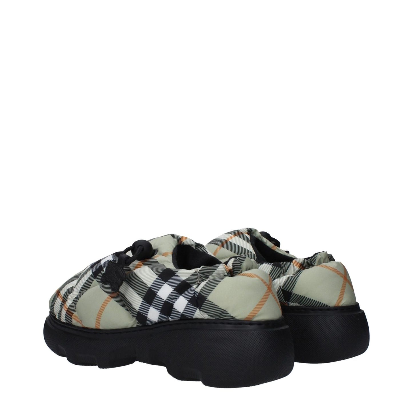Burberry Green Fabric Slip-On Loafers with check print, rubber sole, mid heels, and drawstring closure in sage color.