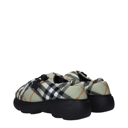 Burberry Green Fabric Slip-On Loafers with check print, rubber sole, mid heels, and drawstring closure in sage color.